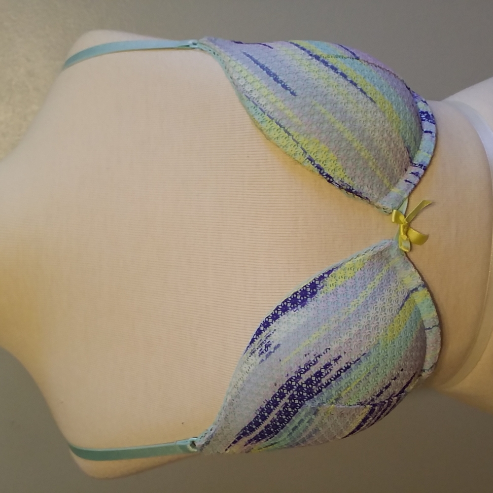 VICTORIA'S SECRET BRA 32B Teal padded yellow bow striped lace